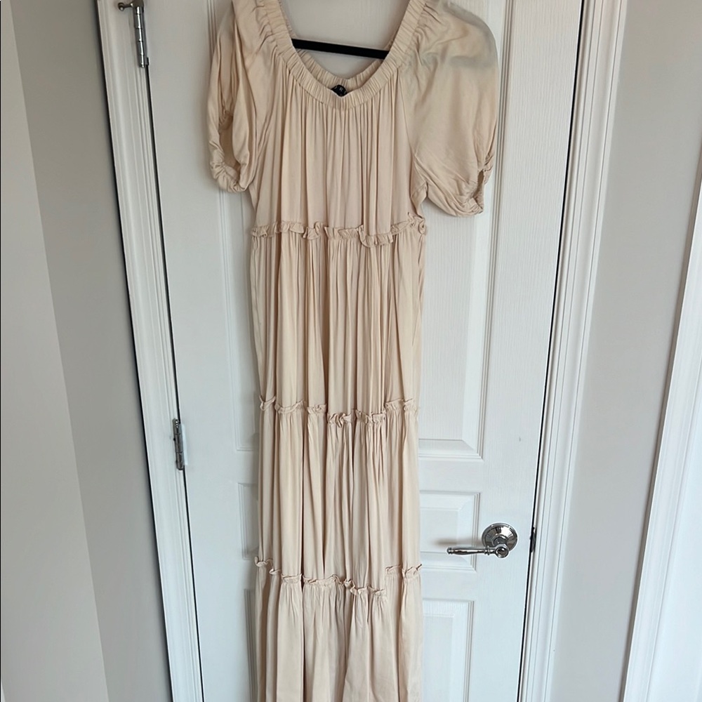 Cream Smocked Maxi Dress with Puff Sleeves